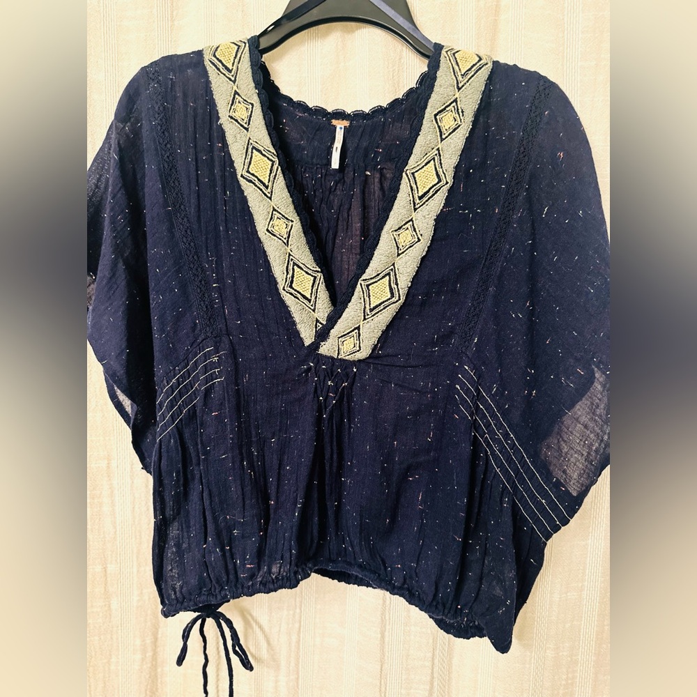 FREE PEOPLE NWOT!  Embroidered Blue Blouse with colored sequence this is so cute